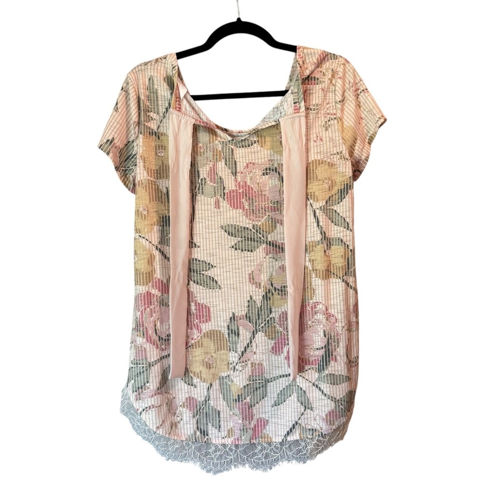 LC Lauren Conrad Women's Large Floral Lace Hem Blouse Sheer Boho Feminine - Picture 3 of 7